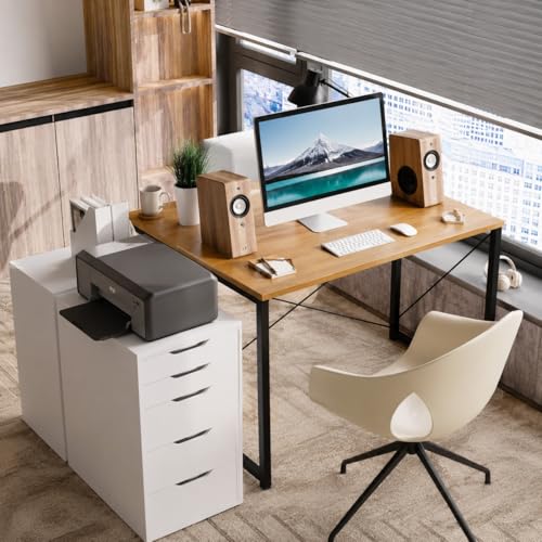Image of Modern Wooden Computer Desk Home Office Study Desk with Metal Frame, Minimalist Writing Desk Laptop PC Workstation Table for Home Office Study Room Bedroom (Brown)