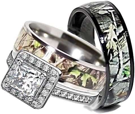 Men`s Black Titanium Camo, Women`s Sterling Silver Halo Engagement Wedding Ring Set