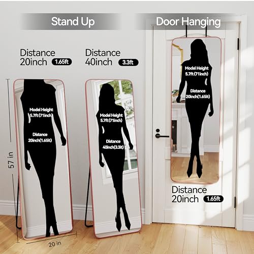 57x20 Door Hanging Full Length Mirror, Floor Stand (Height 5.7ft just Body in1.3ft) Wall Mounted Metal Frame Rectangle Dressing Mirrors for Bedroom Room 57 inch Pink Rose Gold - Image 3