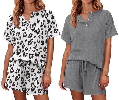 Image of Ekouaer 2 Pack Womens Pajama Sets Short Sleeve Top with Shorts Soft Comfy Loungewear Sleepwear S-XXL