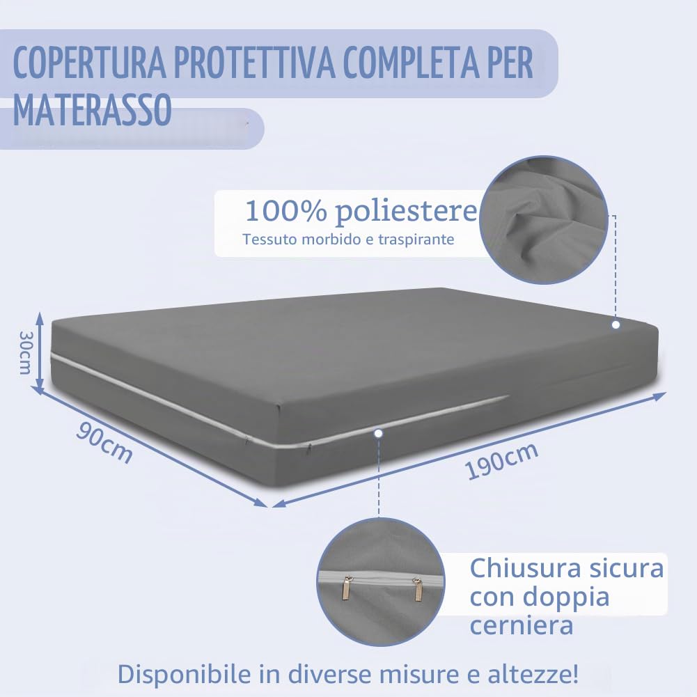 DUJUIKE Coprimaterasso impermeabile, coprimaterasso matrimoniale impermeabile con cerniera, morbido, resistente alle cimici e agli acari della polvere, ipoallergenico (Grigio, 90 x 190 x 30 cm)