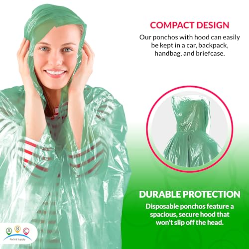 Image of ABC PACK & SUPPLY Disposable Rain Ponchos for Adults, Green Hooded Rain Poncho, One Size, Polyethylene 0.02mm, Individually Wrapped, Bulk Pack of 200