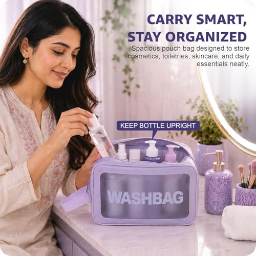 Image of Travel Makeup Pouch Set Toiletry Bag Cosmetic Organizer Bag for Women and Girls Toiletry Storage Kit Set of 3 (Purple)