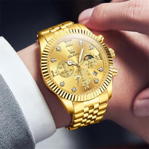 OLEVS Dress Watches for Men Stainless Steel Big Face Mens Watches Expensive Gold Metal Band Water Resistant Men Work Wrist Watch Diamond Easy to Read Battery Analog Quartz Mens Calendar Watch — view 3