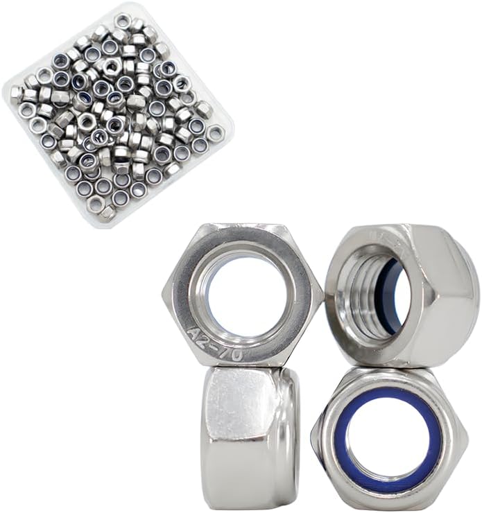 M5x0.8mm Nylon Insert Hex Lock Nuts 100 Pack 304 Stainless Steel DIN985 Self-Locking Nylon Lock Nuts Plain Finish for Industrial Construction Fasteners