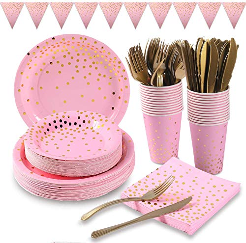 EFAILY Pink and Gold Party Supplies Set - 160PCS Blue Paper Plates Disposable Dinnerware Set Dots 7” & 9” Paper Plates Napkins Cups Forks Knives Balloons Serve 25 Birthday Party Wedding Baby Shower
