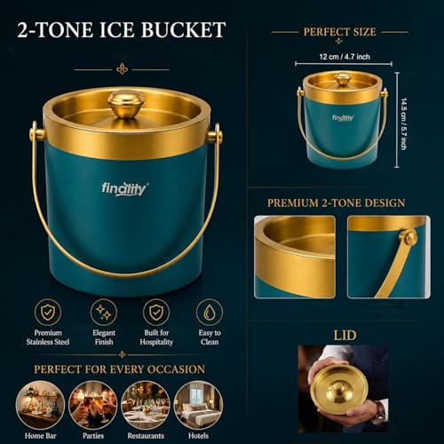 Image of finality 1 LTR Double Walled Stainless Steel Insulated Ice Bucket with Lid (Gold+Dark Green)