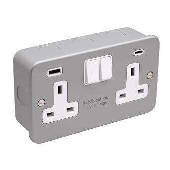 SHPELEC  Metal Clad 2 Gang 13A Switched Socket with USB A & C Ports   Heavy Duty Double Socket   Industrial Grade   Steel Clad   UK Standard USB Type A & C, 1 Pack