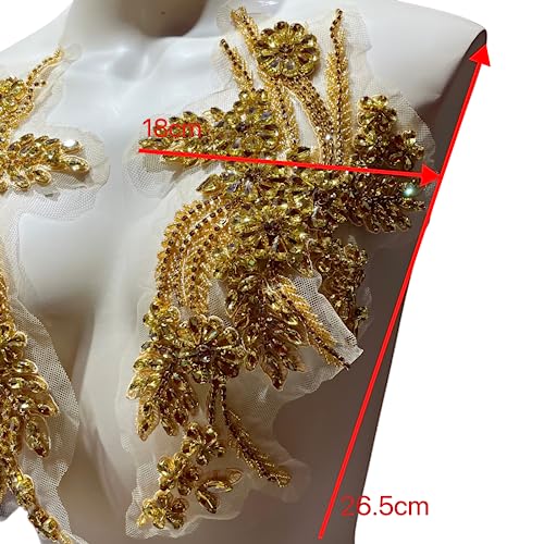 image for JRYYR 1 Pair of Handmade Rhinestone Appliques,26.5 * 18cm Gold Appliqu