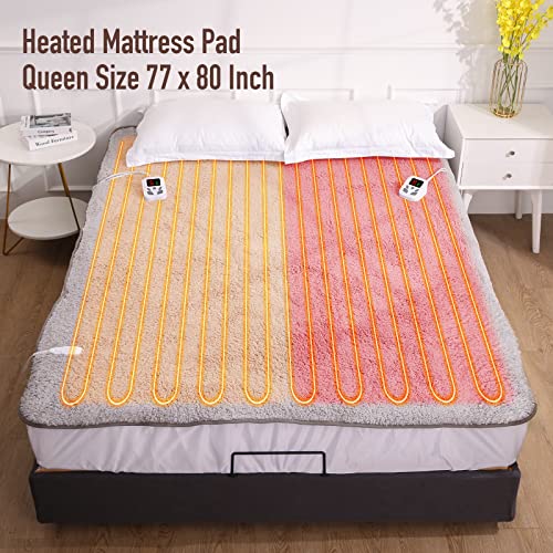 Heated Mattress Pad Electric Underblanket Mattress With 10 Heat Settings & 9 Timer Auto Off Settings & Dual Control Soft Cotton Fabric Machine Washable Gray 77"X80" #TOP1