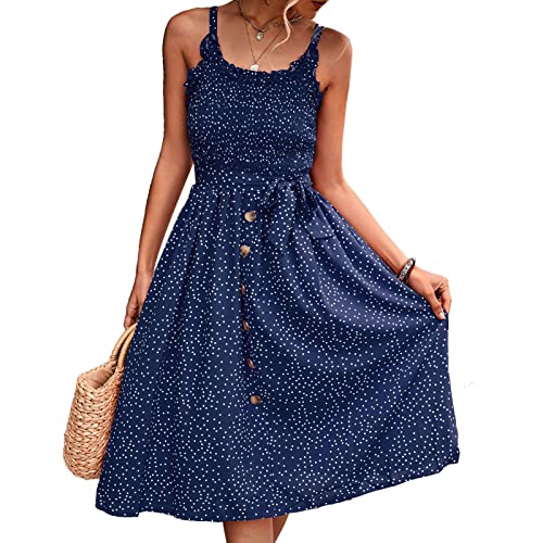 Vestido de Tirantes para Mujer una Línea Tirantes de Espagueti Cami Vestidos de Verano Lunares Fruncidos con Cinturón Busto Fruncido Escote con Volantes Vestido Midi Estampado sin(L-Azul Oscuro) Cover
