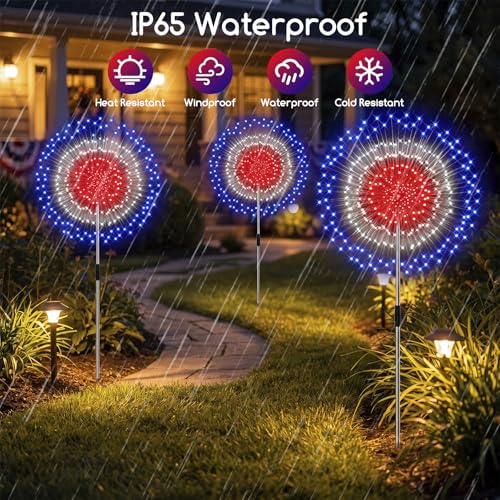 4th of July Solar Lights Outdoor Decorations - 2 Pack Each 300 LED 8 Modes Fireworks Lights for Garden Yard, Waterproof Red White Blue Patriotic Solar Powered Light for Outside 250th Anniversary Decor — view 4