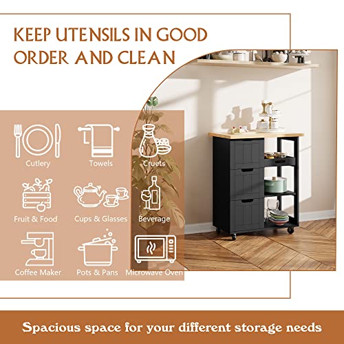 Image of SUNLEI Kitchen Island with Storage Cart Rolling Coffee Small Butcher Block Table Microwave with 3 Drawers on Wheels Station Portable Mobile Narrow Moveable Utility Counter Wood Top Spaces Bar Food