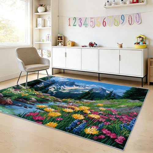 Tapis de salon lavable en machine imprimé montagne antidérapant - 8