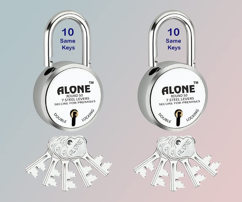 Alone Padlock Small Size 50mm 10 Common Keys with 2 Locks Hard Shackle Double Locking | Padlocks for Home Door Main Gate Shop Shutter, Chrome Finish Rust Proof. (Pack of 2)-image-20