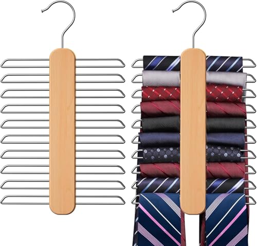 Image of ROLLYWARE Wood Tie Hanger, Rust Resistant Wooden Necktie Organizer with 20 Swivel Hooks, 360 Degree Rotation, Space Saving, Ideal for Closet Storage (1, Natural Wood)