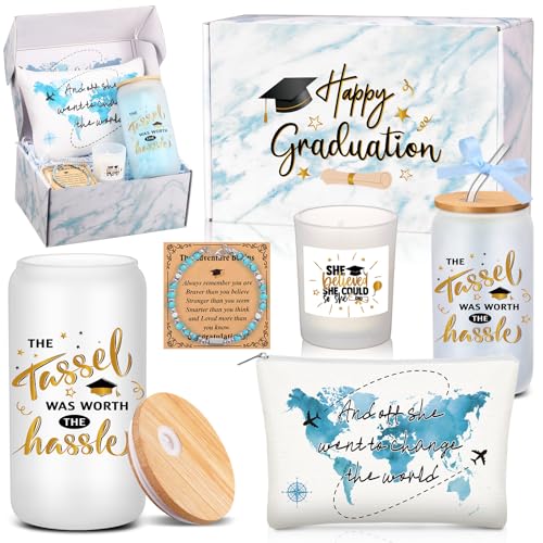 Potchen 7 Pcs Graduation Gifts for Girl Her Class of 2026 College High Graduation Gifts Box Set with 16oz Glass Cup Cosmetic Bag Bracelet Scented Candle with Box for Women Daughter Friend(Blue)