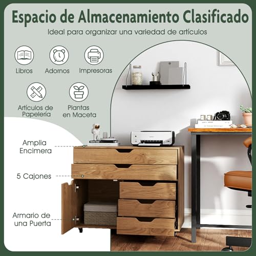 COSTWAY Mueble Archivador de Madera con 5 Ruedas Universales, Cómoda de 5 Cajones con Puerta, Soporte de Impresora, Moderno Gabinete de Almacenaje Vertical Salon Estudio, Oficina (Natural) - imagen 3