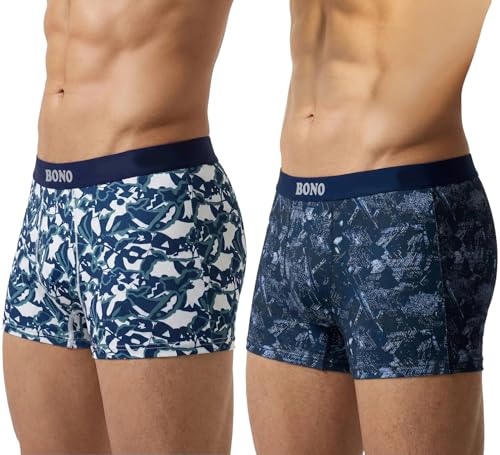 Image of BONO Mens Trunks Pack of 2 Cotton Underwear Breathable Printed Anti-Bacterial Underwear Men Trunk with No Marks Nylon Buffed Stretchable Waistband