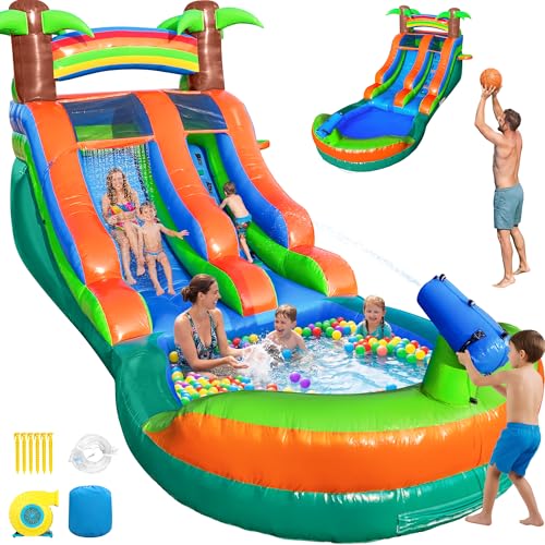 FBSPORT 21FT Commercial Inflatable Water Silde for Kids Adults, 100% PVC Heavy Duty Bounce House Water Park Slides with Large Water Pool, Waterslide with 750W Blower for Backyard Party, Green