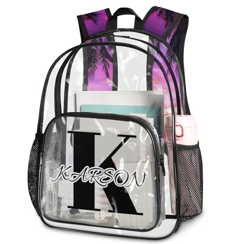 Personalized Palm Tropical Beach Tree Large Clear Backpack Stadium Approved Heavy Duty PVC Plastic Custom Transparent Backpacks See Through Bag with Name