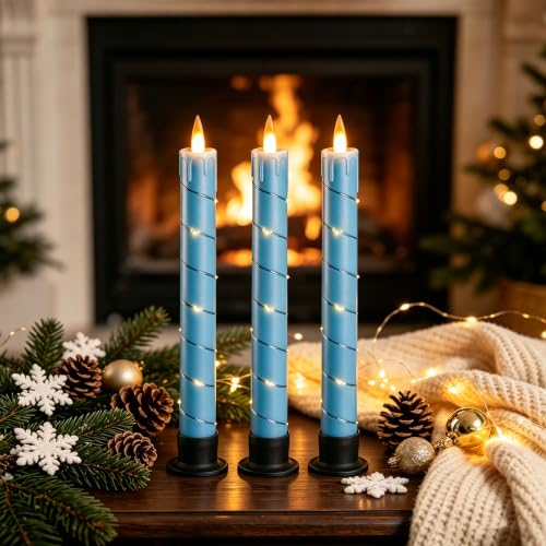Image of 3 Pack Blue Dripping Wax Flameless Candles, Realistic Dynamic Flame LED Taper Candles with Surrounding Fairy String Lights, Remote Control Battery Operated Candles for Home Wedding Holiday Decor