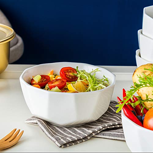 KitchenTour Geometric Porcelain Cereal Bowls - 22 oz Large Capacity Ceramic Bowls for Cereal, Soup, Rice, Salad, Oatmeal, Pasta - Set of 4, White