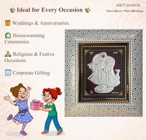 Image of ARTSMINE - 999 Pure Silver Radha Krishna Frame - Pure Silver Sheet with Purity Certificate & Resale Value | Pooja Room, Home & Office Decor | Wedding, Corporate & Housewarming Gift | Handcrafted Table Top & Wall Mount - 1 Unit (20 x 22 CM)