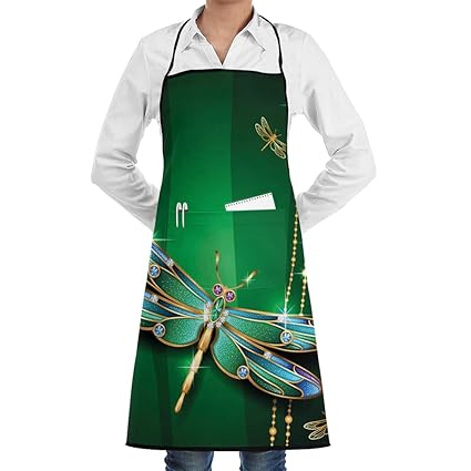 Dragonfly Gemstone Crystal Diamond Art Chef Apron with Pockets Grill Aprons for Women Men Kitchen Cooking Baking BBQ