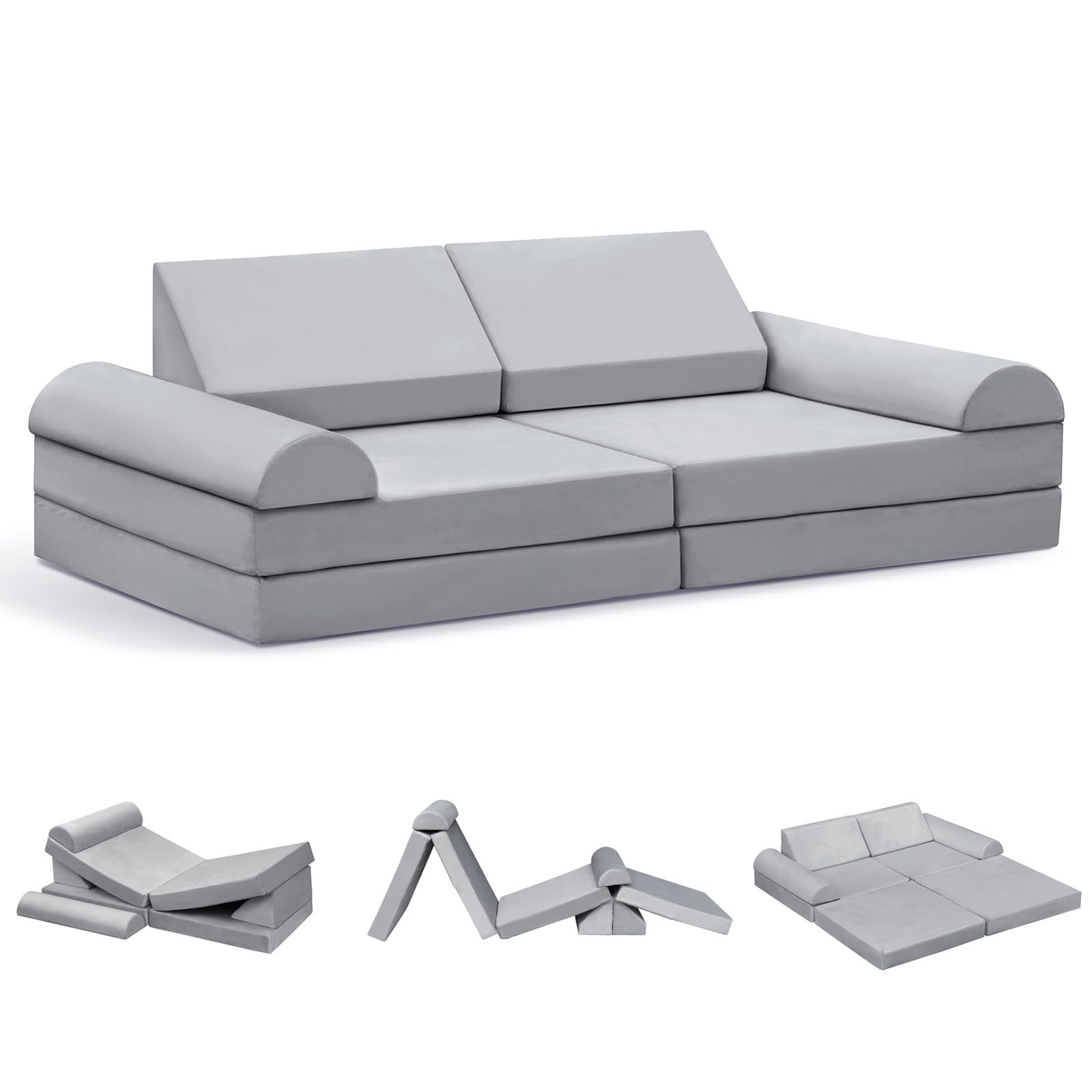 Skypatio Kids Play Couch, 8PCS Modular Kids Toddler Play Couch for Playroom Bedroom, Kid Foam Sofa Nugget Couchs Play Set for Boys and Girls, Gray
