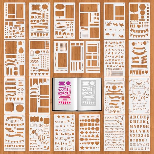 23 Diario Stencil Plantillas Juego de Stencil para Pintura Calada Plantillas Bujo de Plástico con Múltiples Diseños Reutilizable para Álbumes de Recortes Agendas y Manualidades Decorativas Diy
