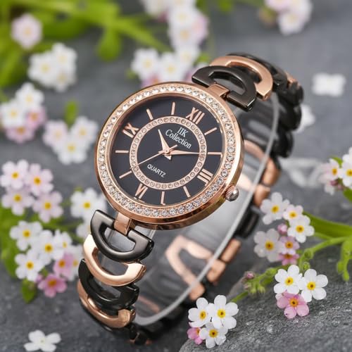 Image of IIK COLLECTION Watches for Women Round Studded Dial |Analogue Quartz Movemnet Ladies Watch|Long Battery Life|Stainless Steel Adjustable Bracelet Chain Strap|Double Lock Clasp Safety Watches for Girls