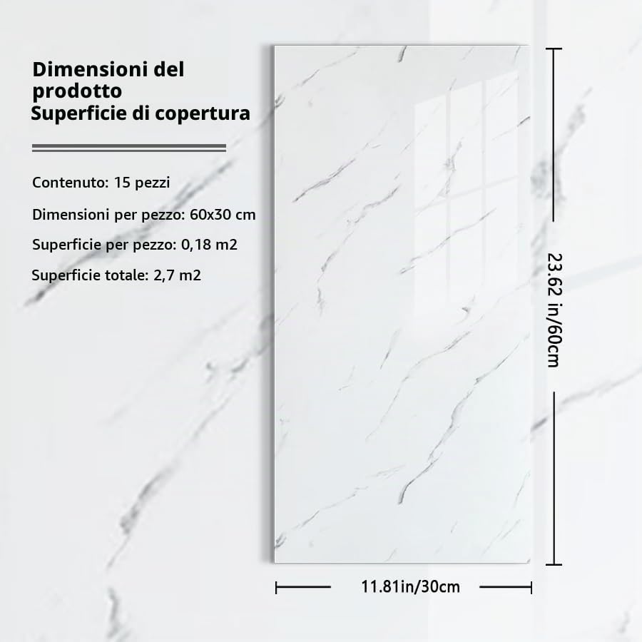 Piastrelle Adesive da Cucina, Bianco 60 x 30 cm | 15 pezzi, Pannelli da parete impermeabili, autoadesivi, per cucina, bagno, soggiorno, piastrelle da parete