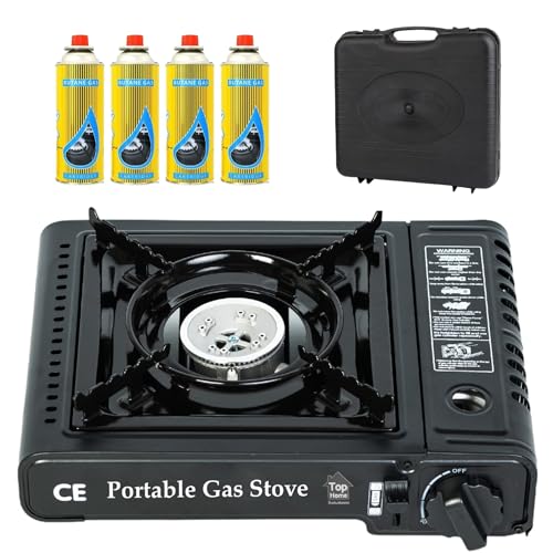Top Home Solutions® Camping Stove - Portable Gas Stove Black With Carry Case & 4 Butane Gas Canisters, Heat Control, EN417 Compliant, Auto Ignition, Camping Cooker for Picnic, Garden & Outdoor