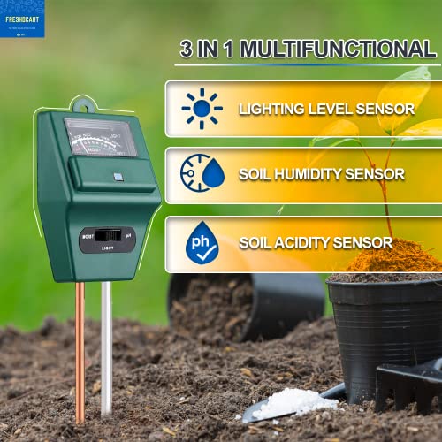 Image of FreshDcart Solar pH Meter for Soil Testing - New 3 in 1 Soil Moisture Sensor, Soil pH Meter for Agriculture & Solar Light Meter, Moisture Meter for Plants, Acidity Tester with 3 Gardening
