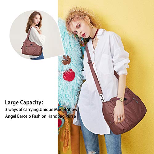 Angel Barcelo Roomy Fashion Hobo Womens Handbags Ladies Purse Satchel Shoulder Bags Tote Washed Leather Bag Dark Pink