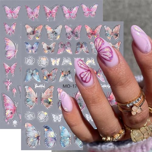 Butterfly Nail Stickers - Diowino New Butterfly Nail Art Stickers 5d Relief Thress-Dimensional Illusion Gradient Retro Rose Butterfly Nail Decals Spring Self-Adhesive Nail Stickers