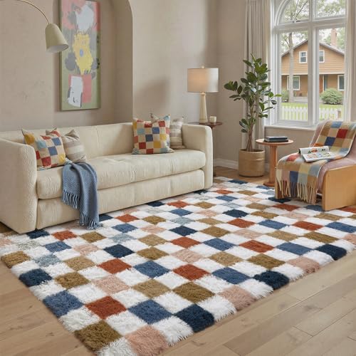 PureCozy Checkered Rug 5x8 for Living Room, Modern Rainbow Shag