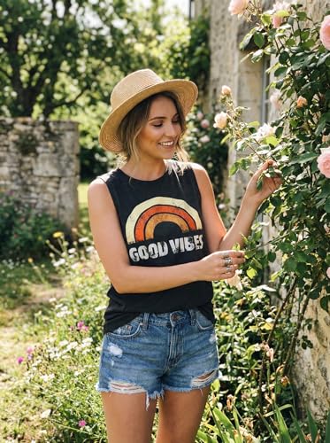 JEYMMI Graphic Tees for Women 2026 Rainbow Pattern Good Vibes Tank Top Positive Slogan Hawaiian Sleeveless Top for Outdoor
