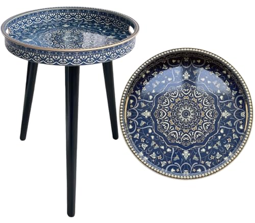 Zosenley Round Indoor Side Tables with Detachable Wooden 3 Legs Versatile Tray Table Perfect for Round Coffee Table Tea and Relaxation Time 17.7 Inch (33 Blue Maze)