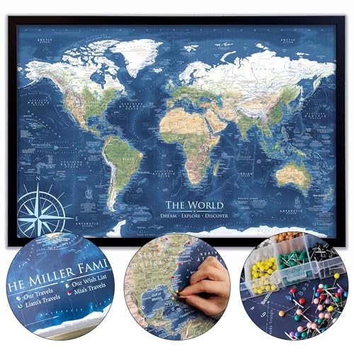 Custom World Push Pin Travel Map - World Wall Map Large - Stretched Canvas or Framed World Map - World Maps for Wall - Travel Map With Pins - Voyager 2 Handmade Custom World Map Pin Board Travel Gift