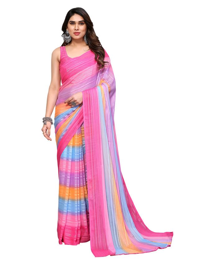Satrani Women's Georgette Printed & Satin With Jari Stripes Saree With Unstitched Blouse Piece (3288S2361N_Pink & Multi3)