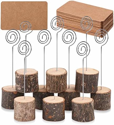 Toncoo 10Pcs Premium Wood Place Card Holders with Swirl Wire and 20 Pcs Kraft Place Cards, Rustic Wood Table Number Holders Stands, Name Cards Photo Holders for Wedding Party Sign Food Cards Label
