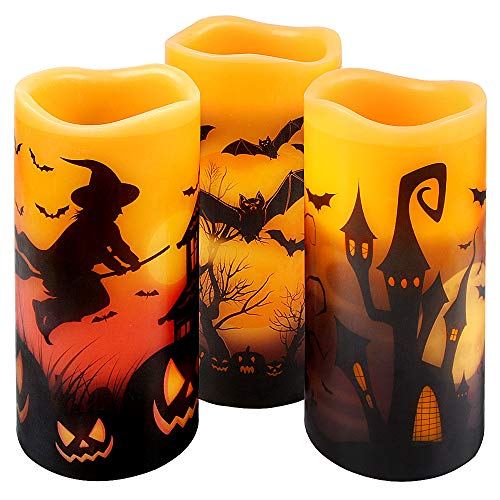 Halloween Flickering Flameless Candles - Battery Operated LED Real Wax Candles with 6 Hours Timer - Bats, Castle, Witch LED Flickering Candles for Halloween Christmas Wedding Party Decor, Pack of 3