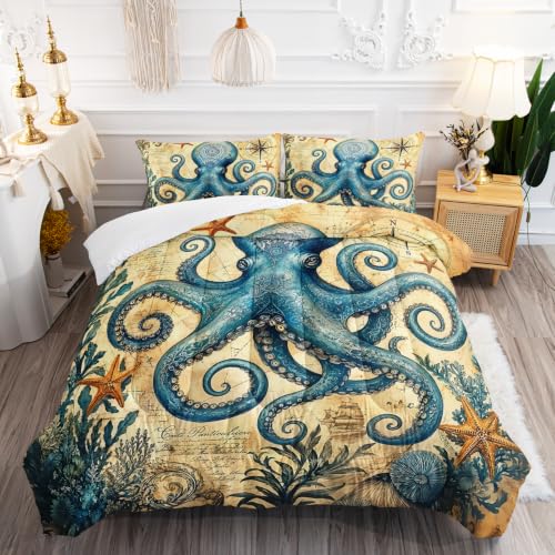 Image of AILONEN Vintage Octopus Twin Comforter Set, Nautical Compass Artwork Printed Ensemble, 3 Piece Microfiber Down Alternative Fill for Students Dorm Residents