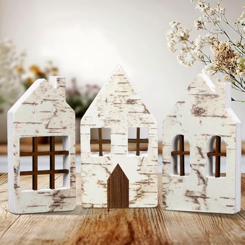 Yousoontic Neutral Wooden House Decor Rustic Farmhouse Spring Tiered Tray Decor Spring Mantel Decoration for Home Desk Shelf Table Centerpiece Decoration(3 Pcs Village House)