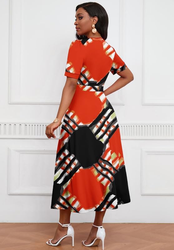 Image of MarryUP Women's Midi Dresses - V Neck Cocktail & Church Tea Dresses - Short Sleeve A-Line Swing Dress