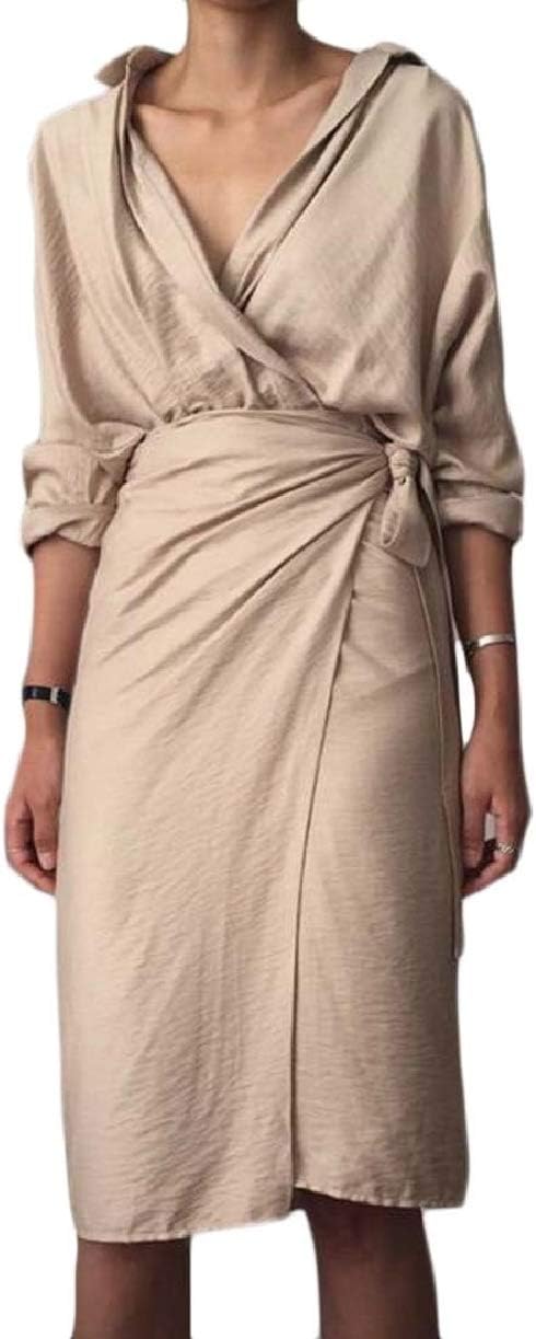 YY-qianqianWomen Sexy Long Sleeve Deep V Neck Irregular Bodycon Party Dress