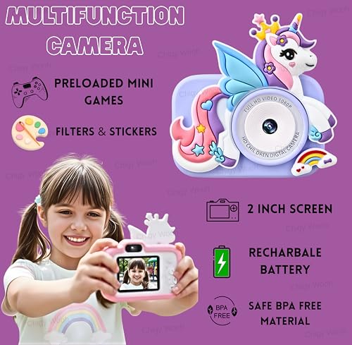 Image of Digital Camera for Kids | Unicorn Design 1080p Video Recorder Photo Capture Camera | 2-Inch Screen & 32GB Capacity, Rechargeable, Preloaded Mini Games, Multicolor (Color As Per Stock)