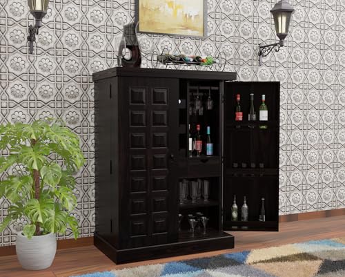 Image of Solid Sheesham Wood Bar Unit Cabinet with Storage Bottle Shelves & Built-in Glass Holder Raised Panel Design Wine Rack Organizer for Living Room, Home & Lounge Dining Cupboard Furniture